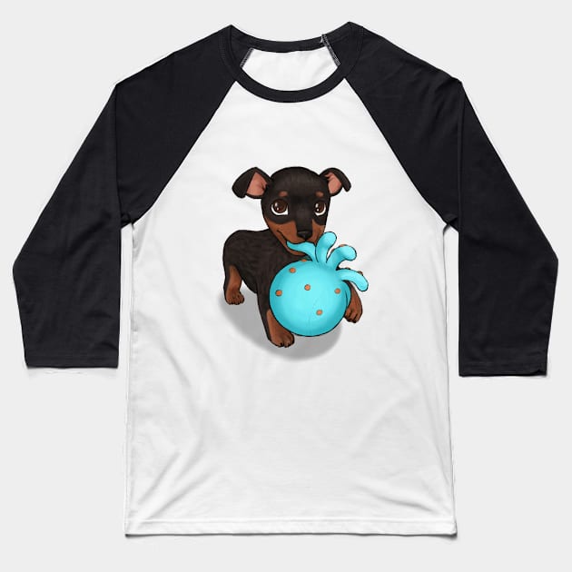 Miniature Doberman Pinscher Puppy on Moss Green Baseball T-Shirt by PaperRain